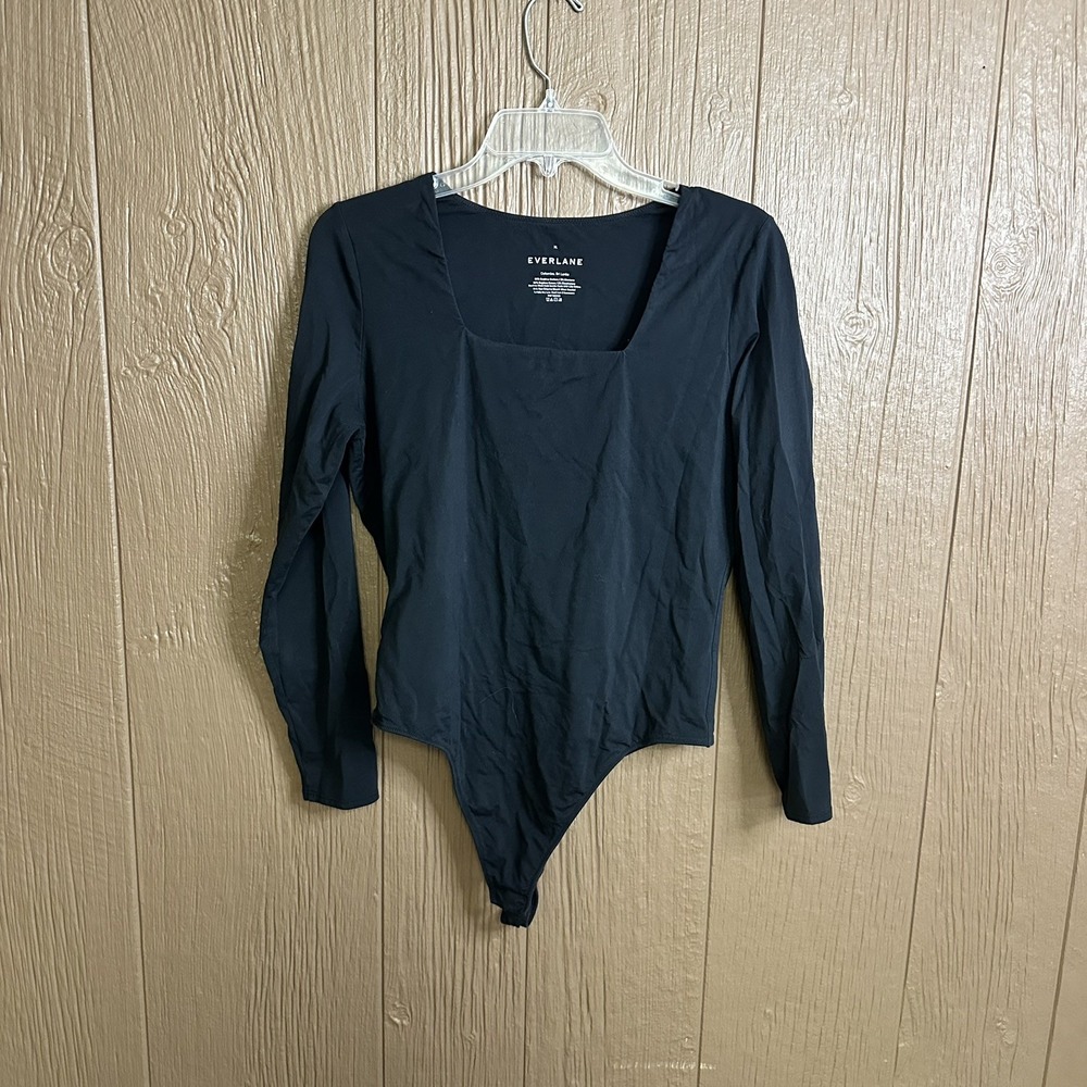 Everlane Black Long Sleeve Supima Cotton Square Neck Thong Bodysuit Top Sz XL